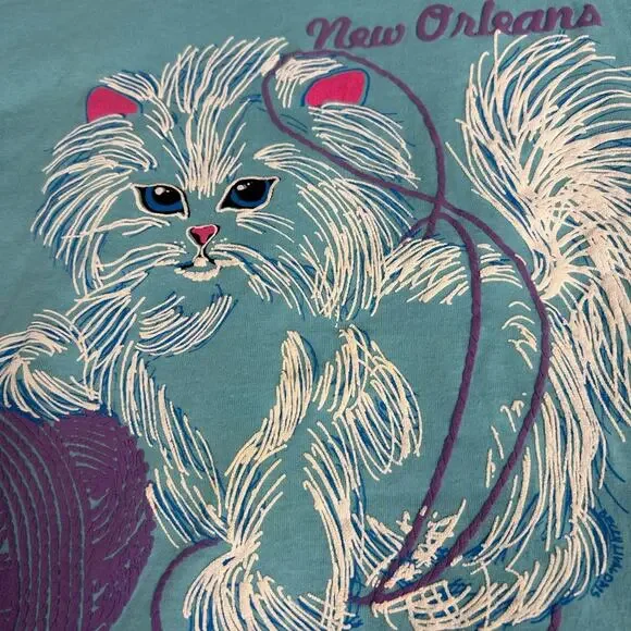 Vintage Cat Tee T-Shirt Size Small Single Stitch 80s Puff Paint New Orleans Tee - Picture 5 of 12